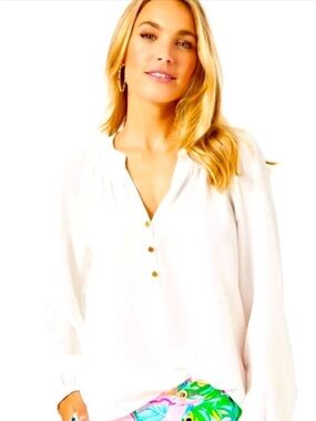 Lilly Pulitzer White Smocked-Neck Long Sleeve Blouse